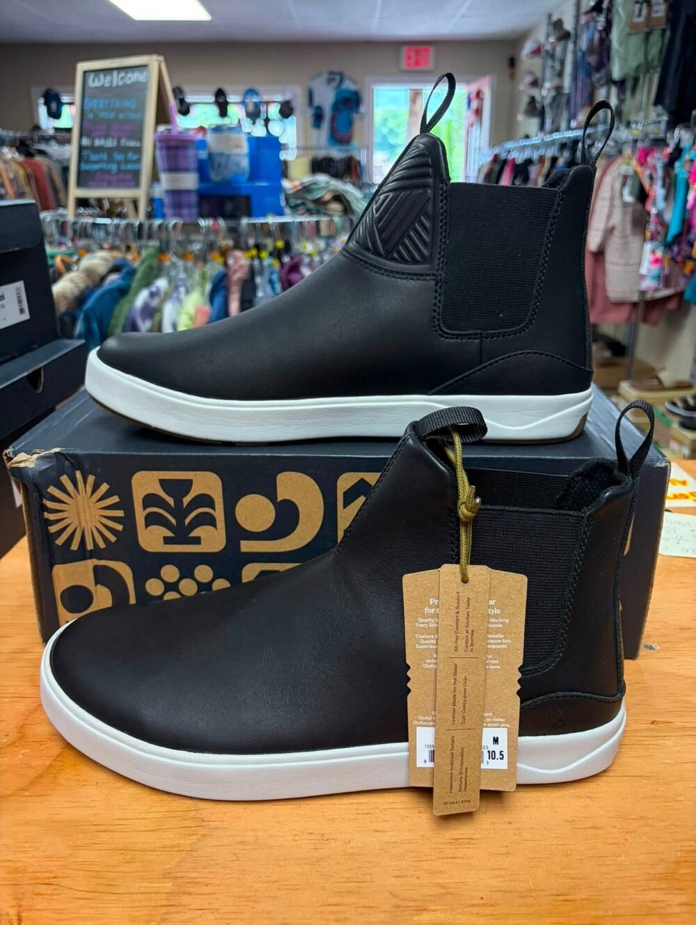 OluKai Black Leather Chelsea Slip-On Sneakers with White Sole